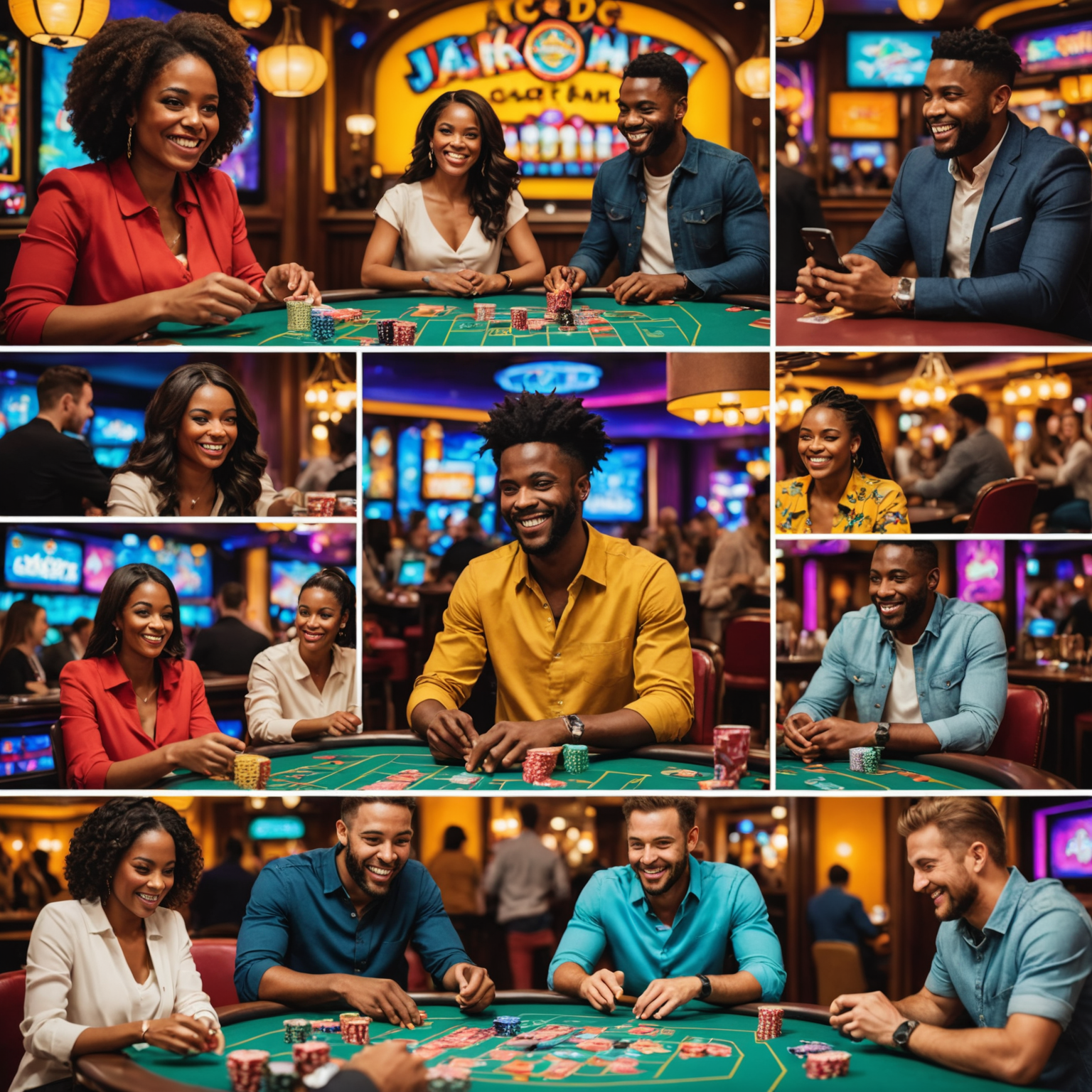 A collage of happy people playing social casino games on their devices, showcasing diverse players enjoying JackpotJamz's offerings in a vibrant, colorful setting that emphasizes fun and social interaction without real money gambling.