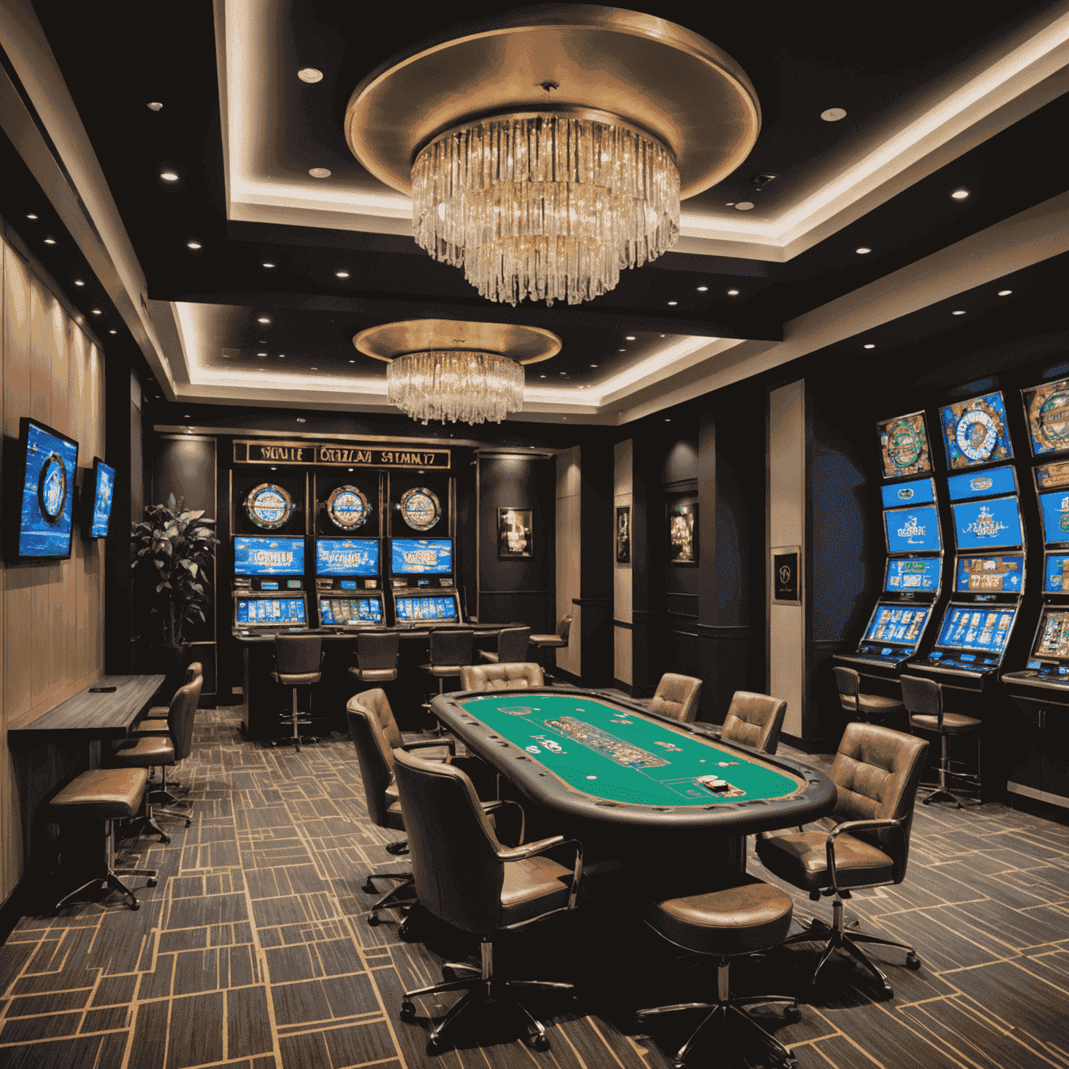 JackpotJamz office in Toronto, a modern open-plan space with subtle casino-themed decor, featuring comfortable seating areas and game testing stations. The image showcases a blend of professional work environment and the fun atmosphere of a social casino company.