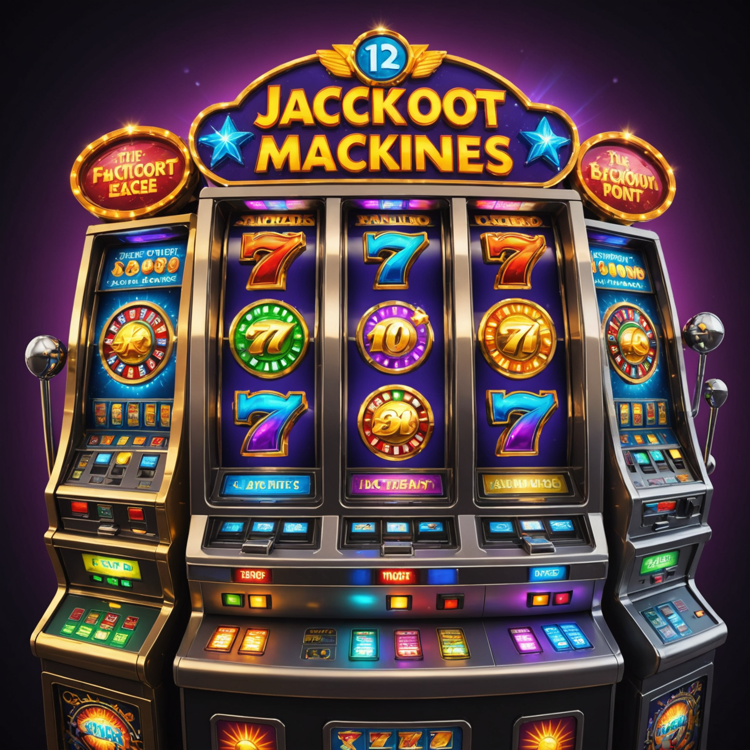Colorful slot machines with jackpot symbols and flashing lights, representing the excitement of free slot games
