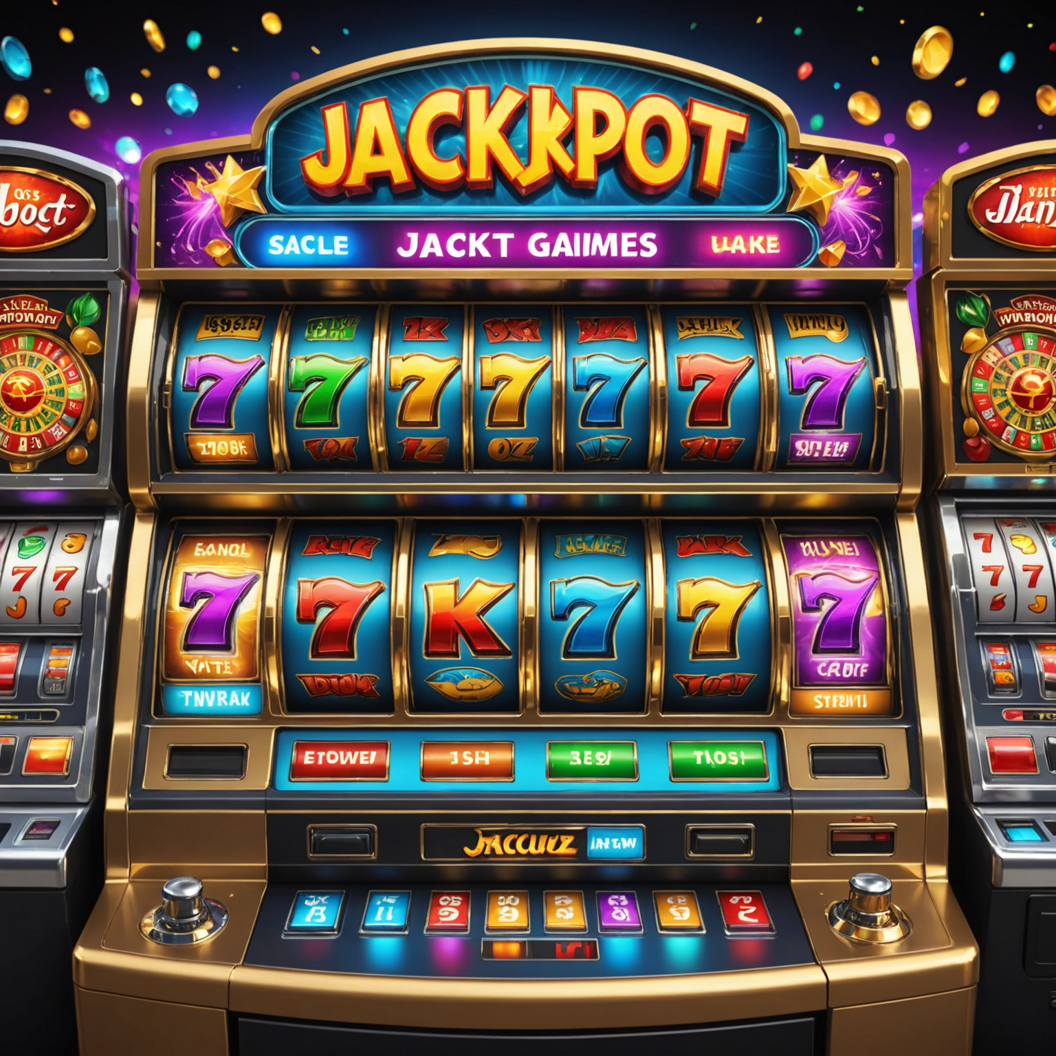 Colorful slot machines with flashing lights and jackpot symbols, representing the excitement of free slot games on Jackpot Jamz
