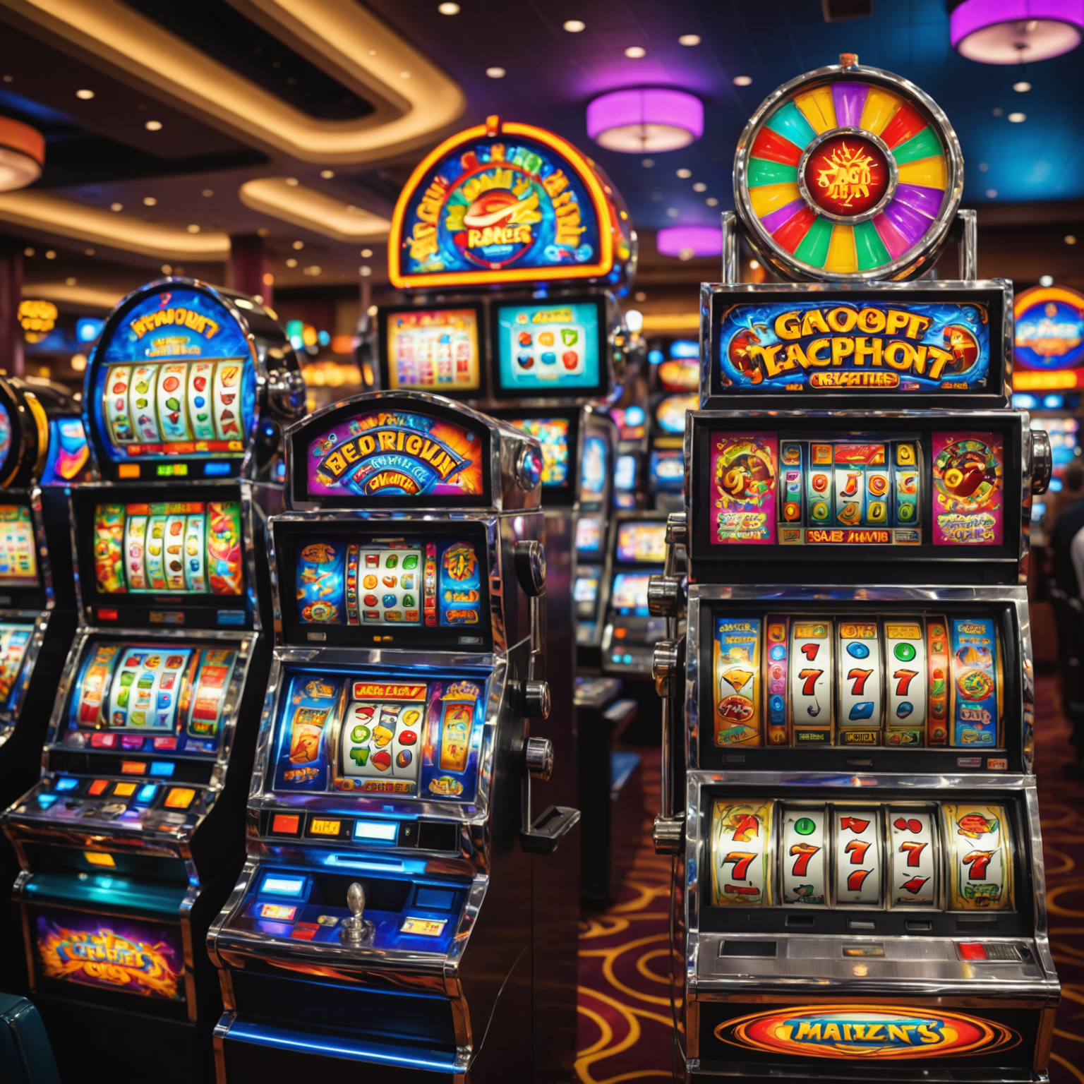 A vibrant collage of colorful slot machines with spinning reels, jackpot symbols, and excited players enjoying free games on their devices