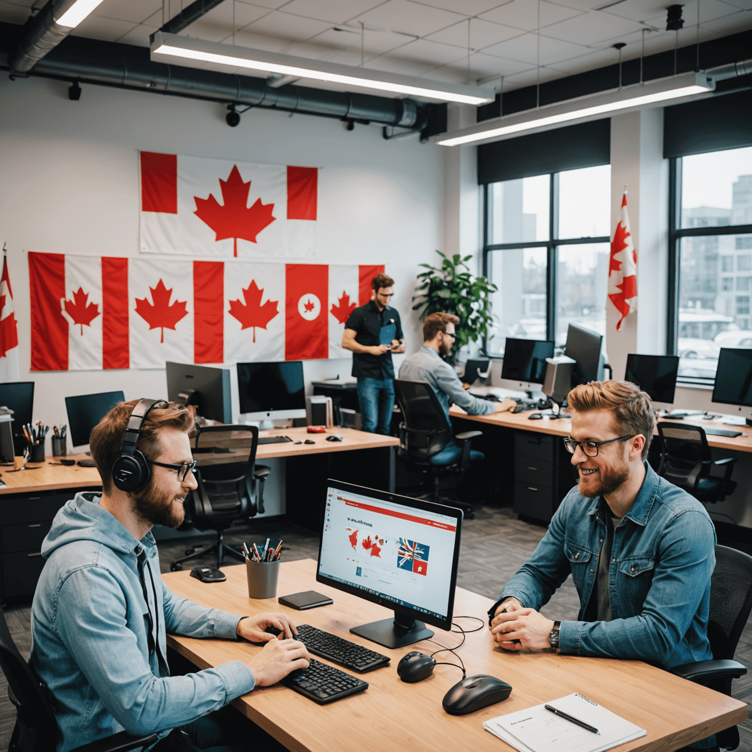 A team of game developers collaborating in a bright, modern office space with Canadian flags and Jackpot Jamz branding visible