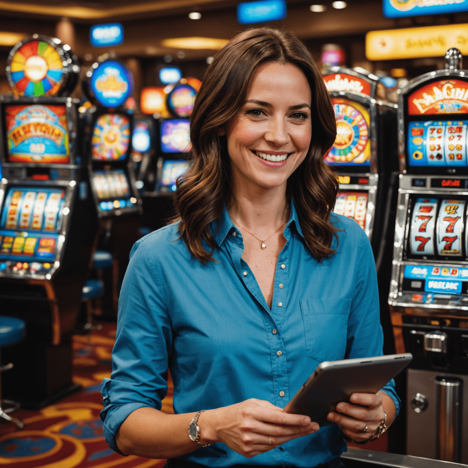 Sarah Thompson smiling while playing a colorful slot machine game on her tablet. She has shoulder-length brown hair and is wearing a casual blue shirt.