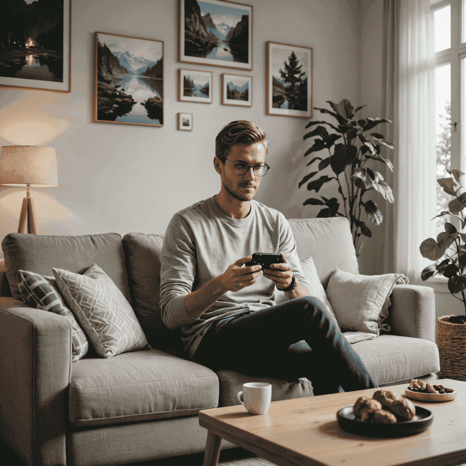 A serene image depicting a person peacefully enjoying a mobile game on a couch, surrounded by calming Scandinavian decor. The scene emphasizes balance and mindful gaming.