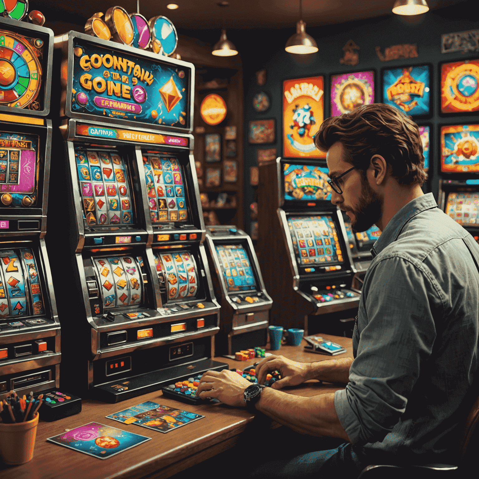 A designer working on colorful game assets for a slot machine game, with mood boards and sketches visible around the workspace