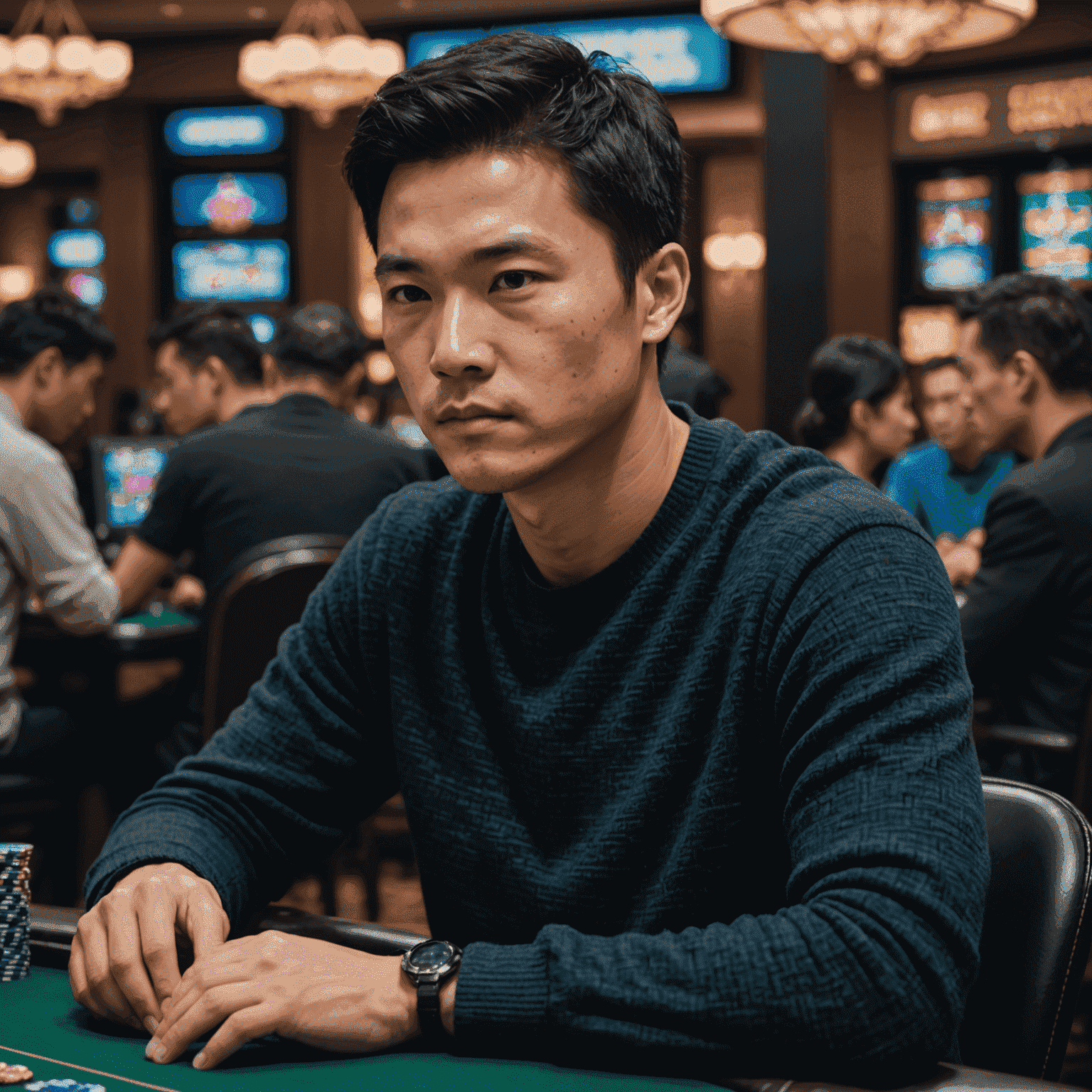 Michael Chen sitting at a virtual poker table, looking focused. He's wearing a dark sweater and has short black hair. The screen shows a complex poker hand.