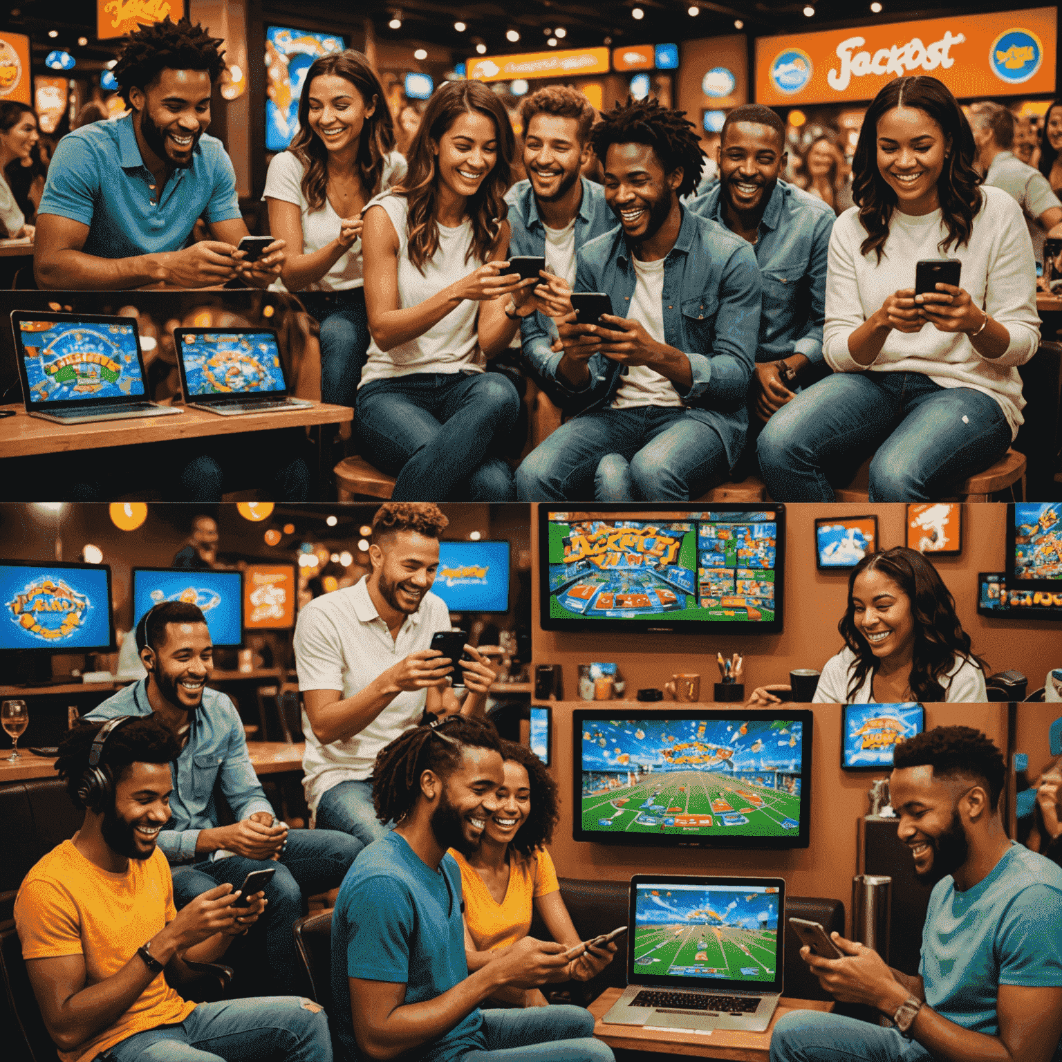 A collage of happy people enjoying Jackpot Jamz games on various devices, emphasizing the social and fun aspects of the platform without any signs of stress or addiction.