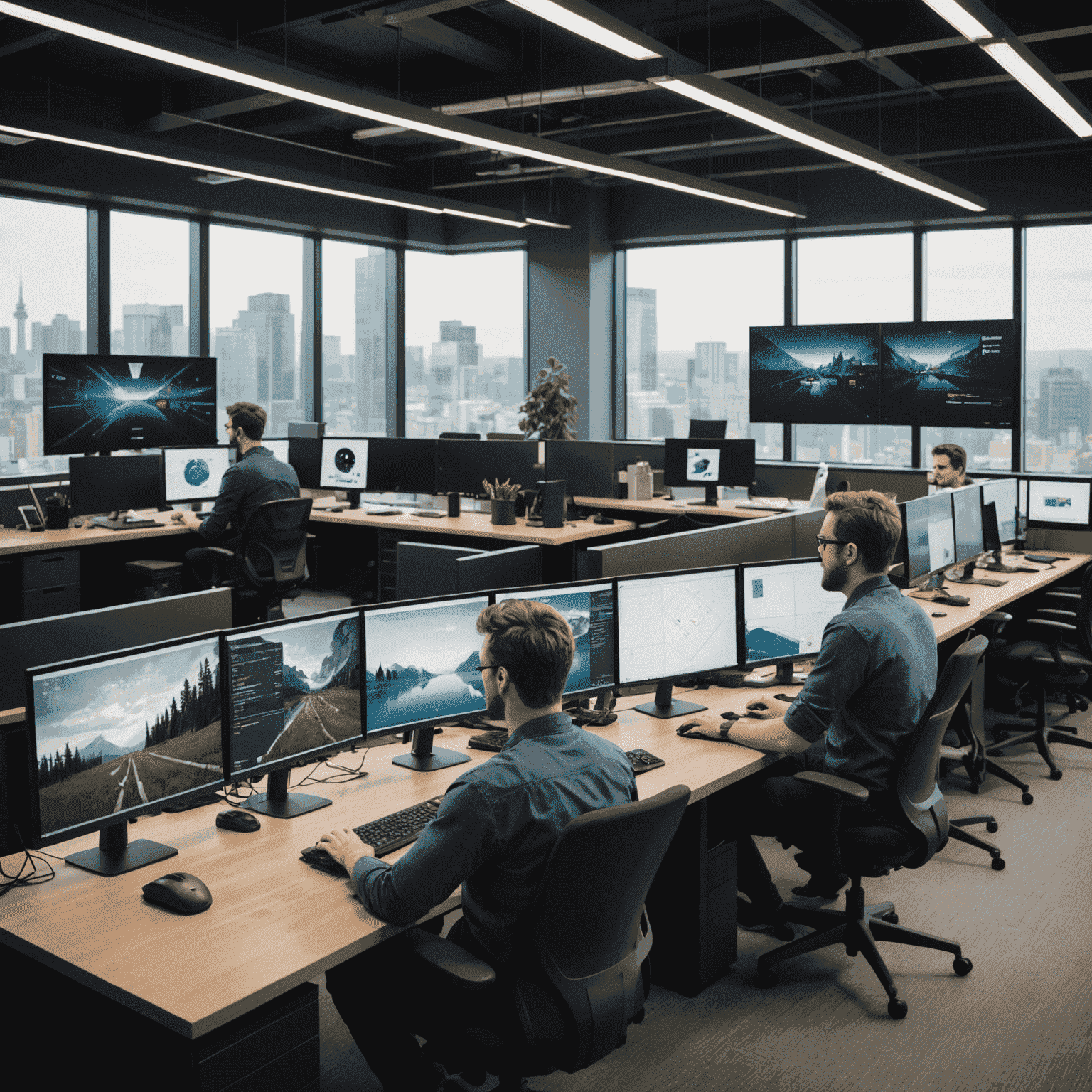 Interior of a modern Canadian office with developers working on computer screens showing game design software