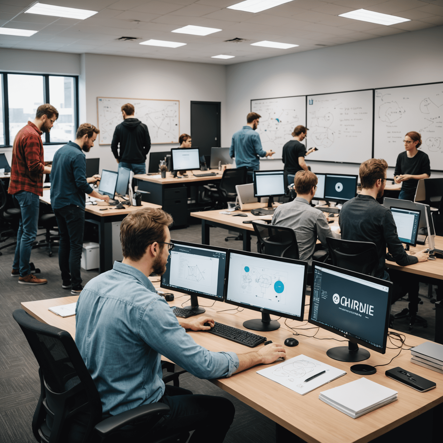 Behind-the-scenes image of game developers working on computers in a modern Canadian office, surrounded by whiteboards with game design sketches