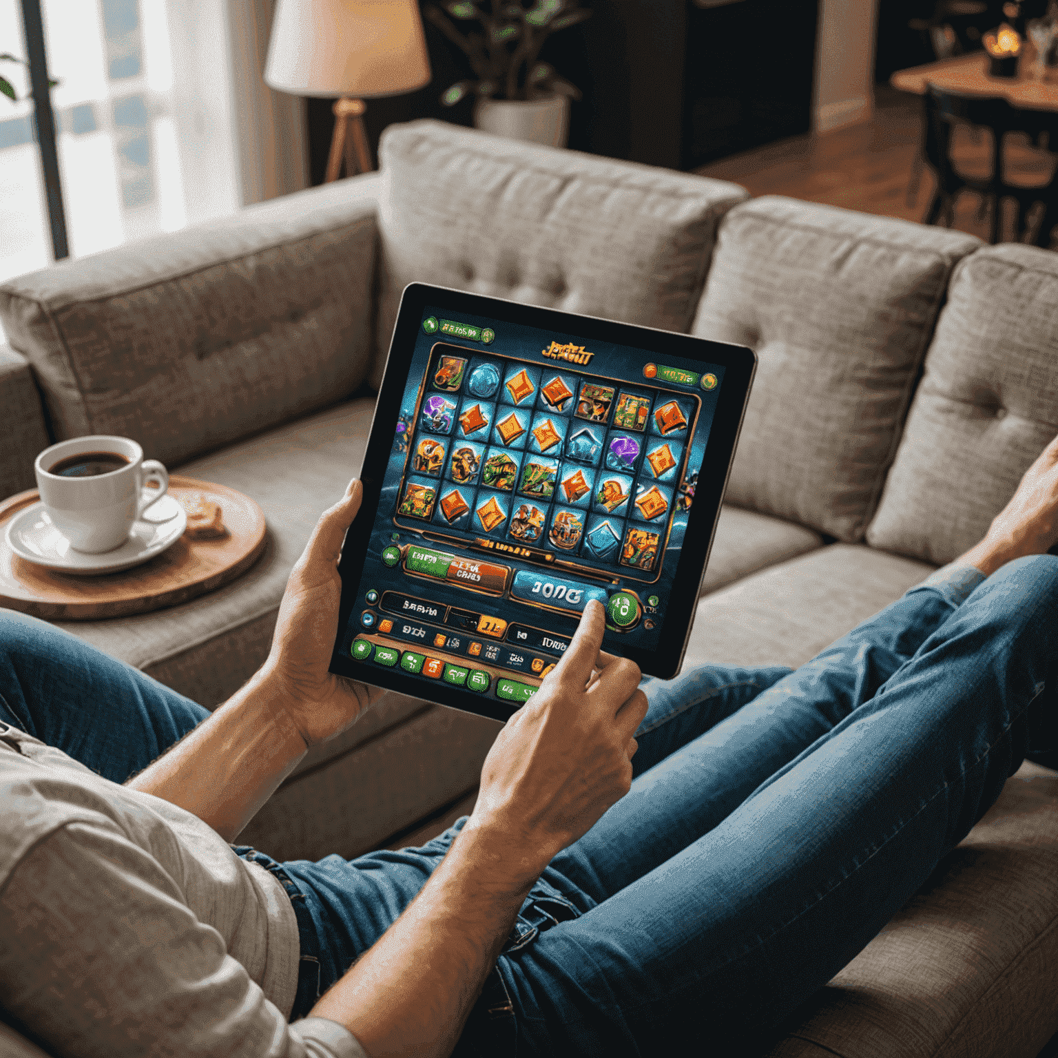 A person relaxing on a couch, playing Jackpot Jamz free slots on a tablet, with a smartphone and laptop nearby showing the same games
