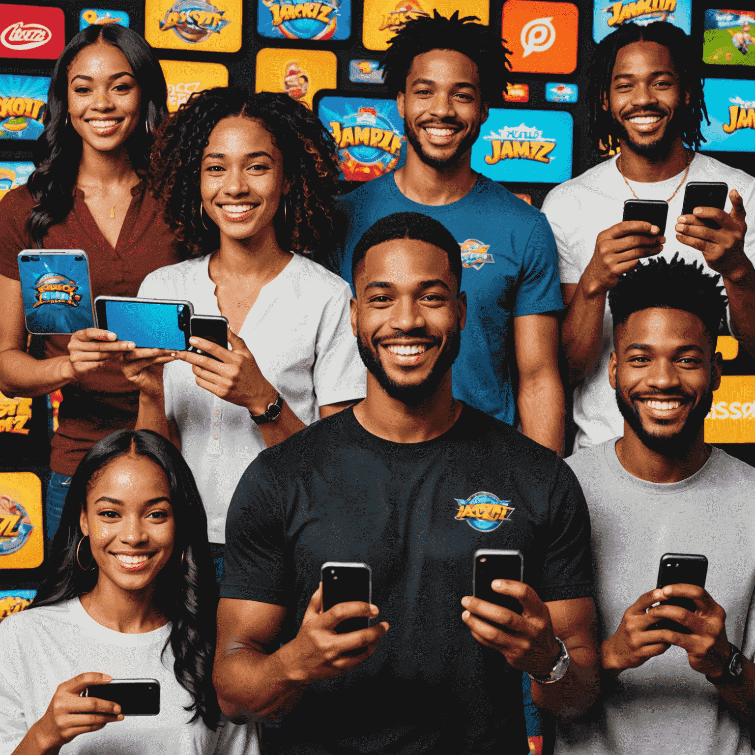 Collage of diverse, smiling players holding mobile devices with Jackpot Jamz games visible on screens