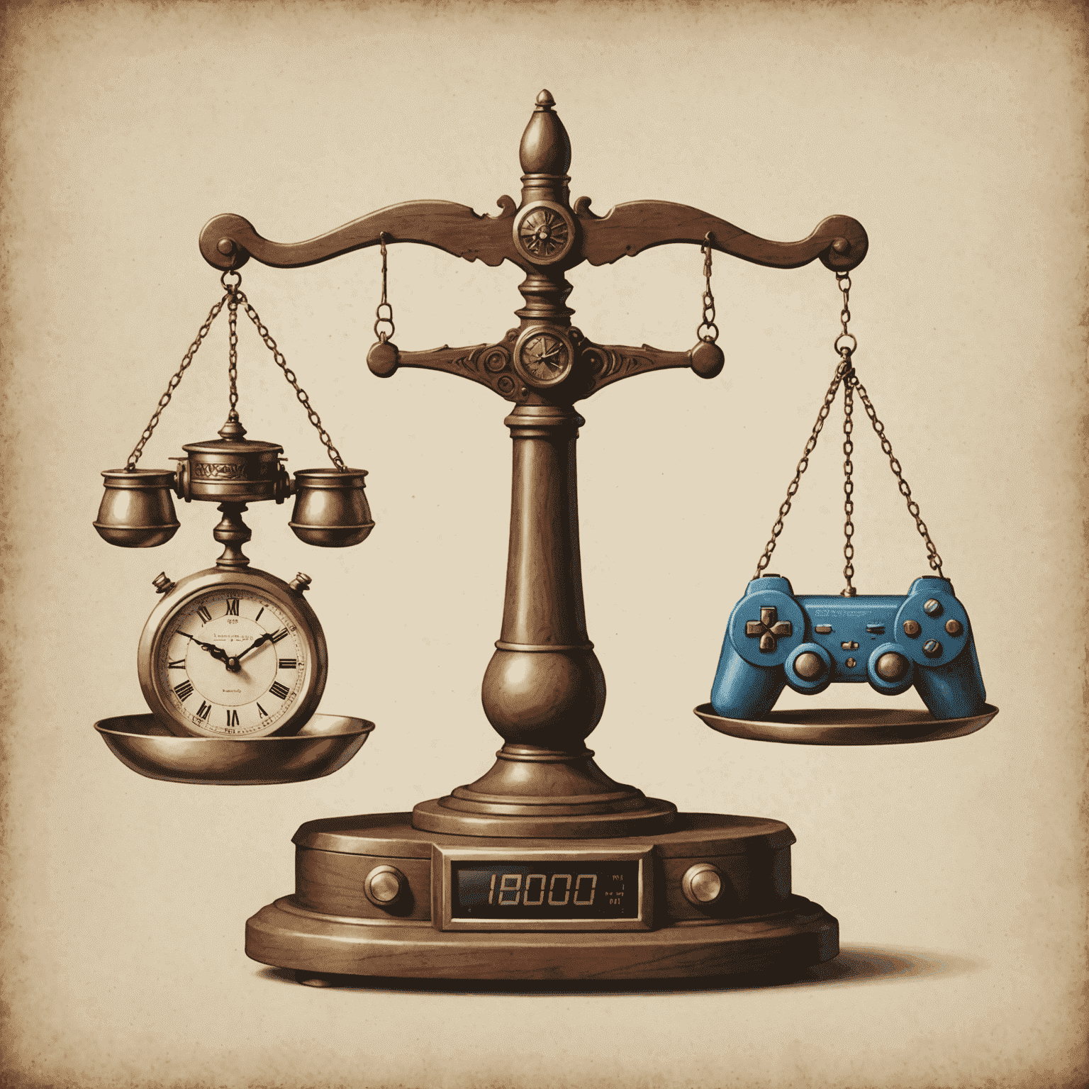 Illustration of a balanced scale with a game controller on one side and a clock on the other, symbolizing responsible gaming practices